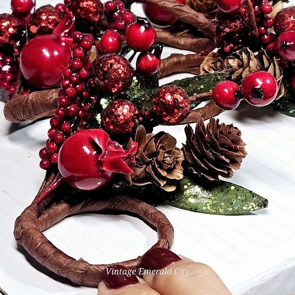 Vtg Pines Berries Twing Cranberry Pinecone Leafs 5 Napking Candle Rings Handmade - Picture 7 of 13